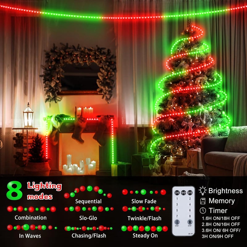 Kenburg أضواء عيد الميلاد المتسلسلة الخارجية، 50 قدم 600 LED أضواء حمراء وخضراء، ضوء أنبوب مقاوم للماء مع 8 أوضاع مؤقت وذاكرة، أضواء عيد الميلاد الدائمة لتزيين الأشجار والأسوار والفناء والمنزل - Image 2